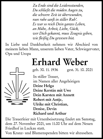 Traueranzeige von Erhard Weber von lausitzer_rundschau