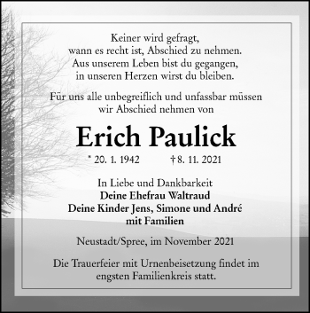 Traueranzeige von Erich Paulick von lausitzer_rundschau