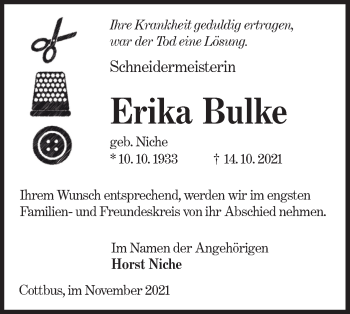 Traueranzeige von Erika Bulke von lausitzer_rundschau