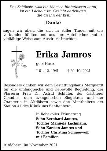 Traueranzeige von Erika Jamros von lausitzer_rundschau
