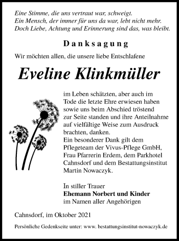 Traueranzeige von Eveline Klinkmüller von lausitzer_rundschau