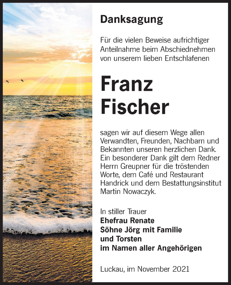  Traueranzeige für Franz Fischer vom 13.11.2021 aus lausitzer_rundschau
