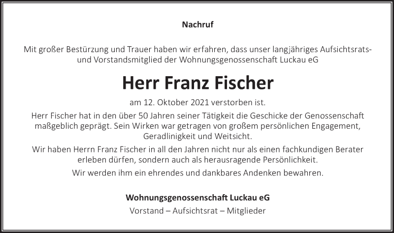  Traueranzeige für Franz Fischer vom 06.11.2021 aus lausitzer_rundschau