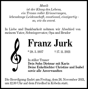 Traueranzeige von Franz Jurk von lausitzer_rundschau