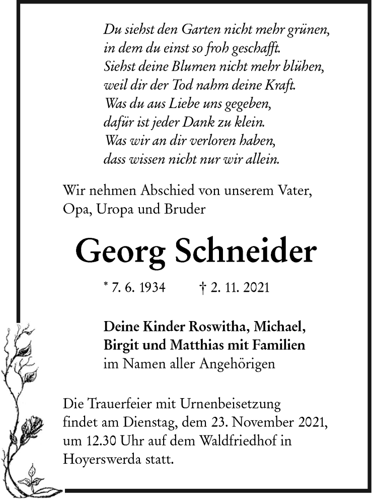  Traueranzeige für Georg Schneider vom 13.11.2021 aus lausitzer_rundschau