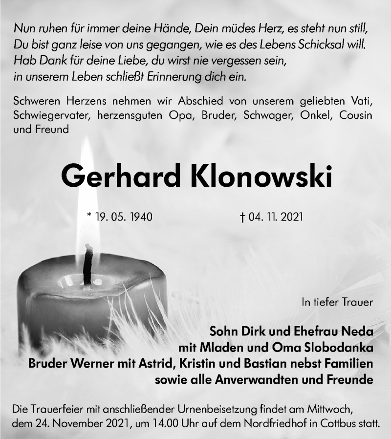  Traueranzeige für Gerhard Klonowski vom 20.11.2021 aus lausitzer_rundschau