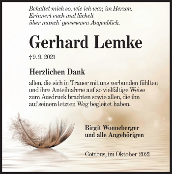 Traueranzeige von Gerhard Lemke von lausitzer_rundschau