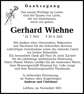 Traueranzeige von Gerhard Wiehne von lausitzer_rundschau