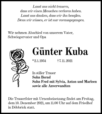 Traueranzeige von Günter Kuba von lausitzer_rundschau