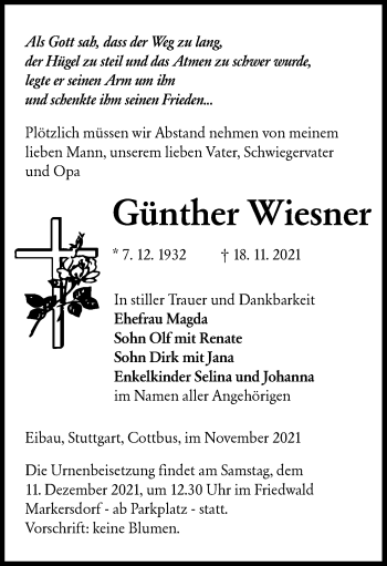 Traueranzeige von Günther Wiesner von lausitzer_rundschau