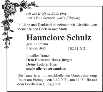 Traueranzeige von Hannelore Schulz von lausitzer_rundschau