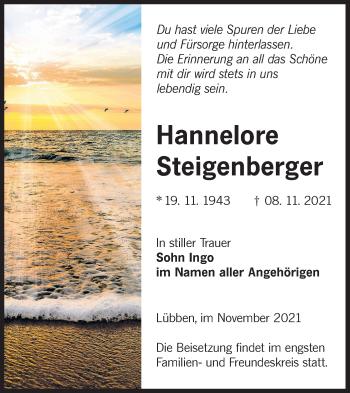 Traueranzeige von Hannelore Steigenberger von lausitzer_rundschau