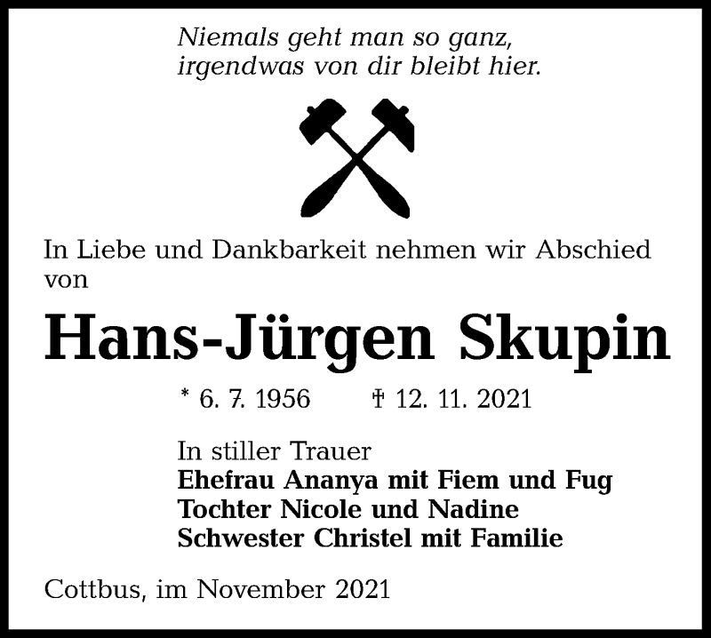  Traueranzeige für Hans-Jürgen Skupin vom 20.11.2021 aus lausitzer_rundschau