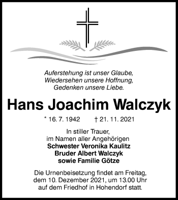 Traueranzeige von Hans Joachim Walczyk von lausitzer_rundschau