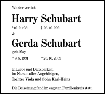 Traueranzeige von Harry Schubart von lausitzer_rundschau