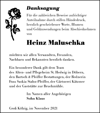 Traueranzeige von Heinz Maluschka von lausitzer_rundschau