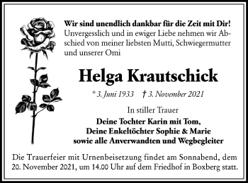 Traueranzeige von Helga Krautschick von lausitzer_rundschau