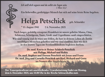Traueranzeige von Helga Petschick von lausitzer_rundschau