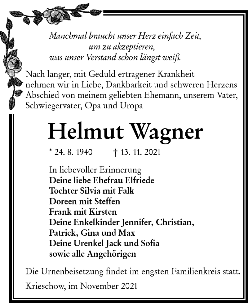  Traueranzeige für Helmut Wagner vom 20.11.2021 aus lausitzer_rundschau