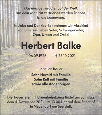 Traueranzeige von Herbert Balke von lausitzer_rundschau