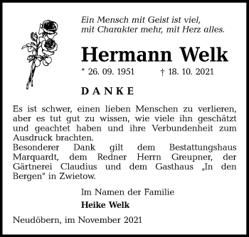 Traueranzeige von Hermann Welk von lausitzer_rundschau