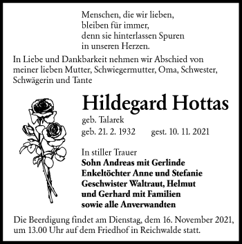 Traueranzeige von Hildegard Hottas von lausitzer_rundschau