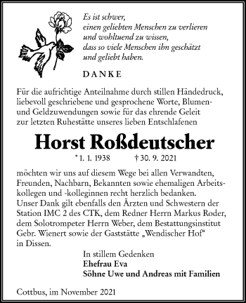 Traueranzeige von Horst Roßdeutscher von lausitzer_rundschau