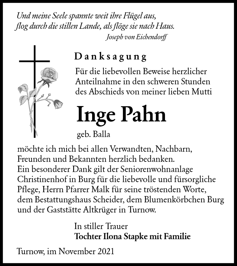  Traueranzeige für Inge Pahn vom 27.11.2021 aus lausitzer_rundschau