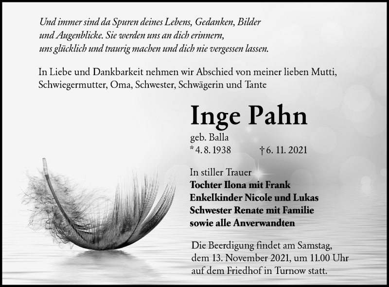  Traueranzeige für Inge Pahn vom 10.11.2021 aus lausitzer_rundschau