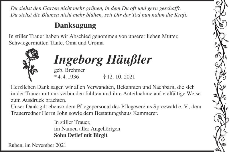  Traueranzeige für Ingeborg Häußler vom 20.11.2021 aus lausitzer_rundschau