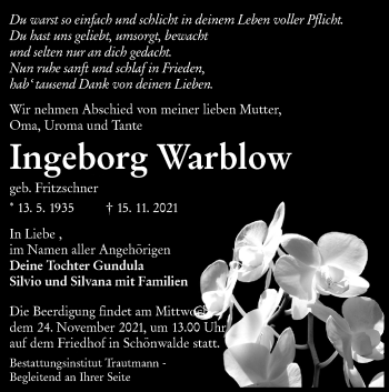 Traueranzeige von Ingeborg Warblow von lausitzer_rundschau