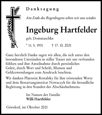 Traueranzeige von Ingeburg Hartfelder von lausitzer_rundschau