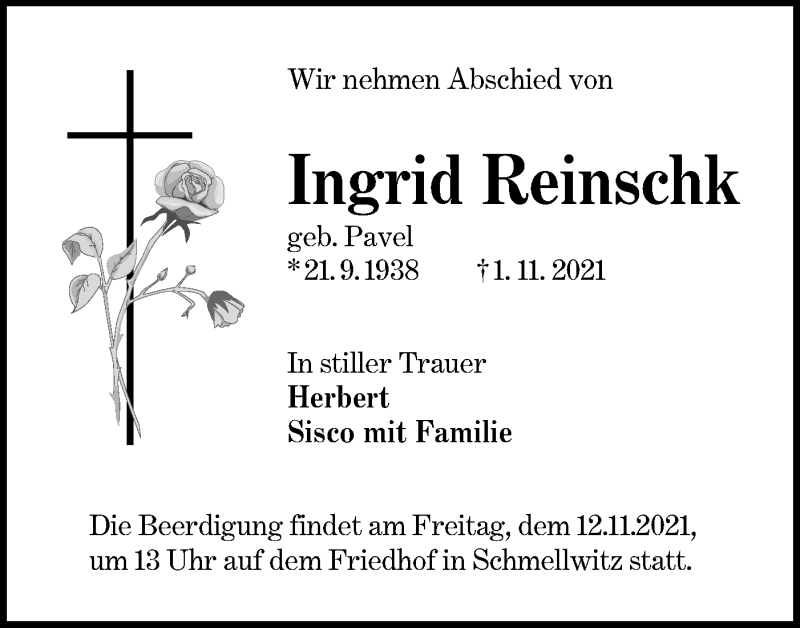  Traueranzeige für Ingrid Reinschk vom 06.11.2021 aus lausitzer_rundschau