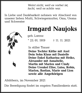 Traueranzeige von Irmgard Naujoks von lausitzer_rundschau