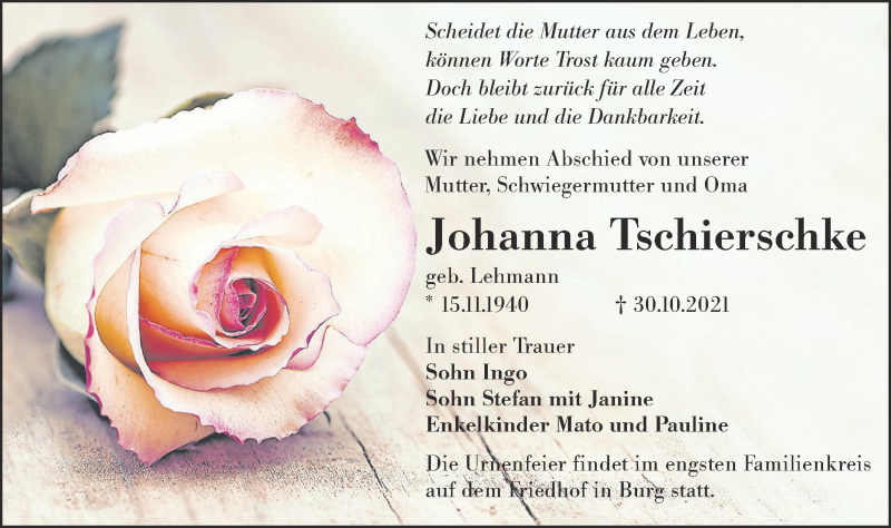  Traueranzeige für Johanna Tschierschke vom 06.11.2021 aus lausitzer_rundschau