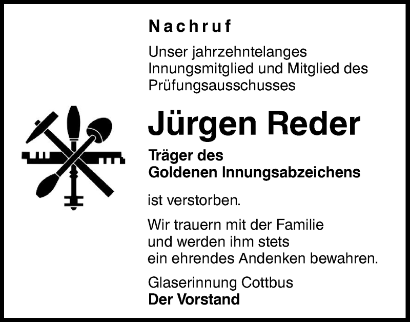  Traueranzeige für Jürgen Reder vom 27.11.2021 aus lausitzer_rundschau