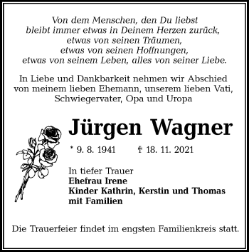 Traueranzeige von Jürgen Wagner von lausitzer_rundschau
