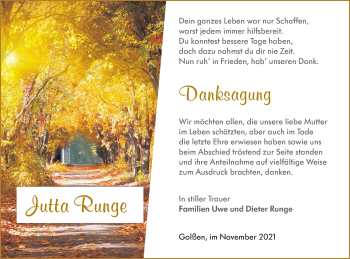 Traueranzeige von Jutta Runge von lausitzer_rundschau