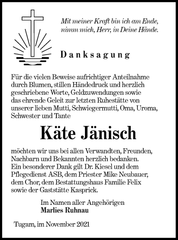 Traueranzeige von Käte Jänisch von lausitzer_rundschau
