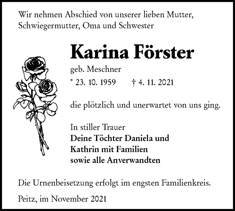  Traueranzeige für Karina Förster vom 13.11.2021 aus lausitzer_rundschau