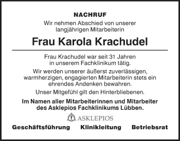 Traueranzeige von Karola Krachudel von lausitzer_rundschau