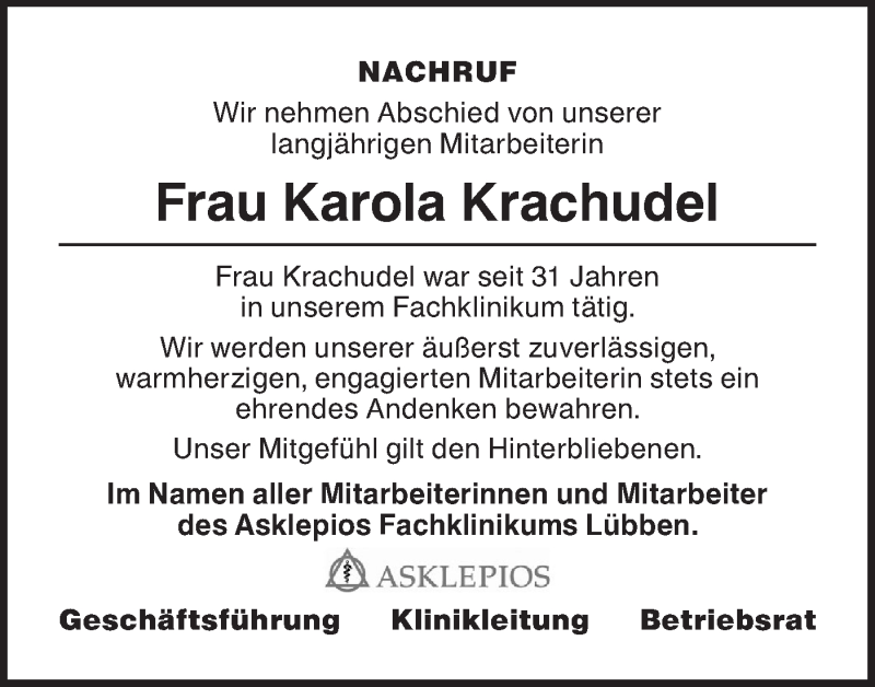  Traueranzeige für Karola Krachudel vom 17.11.2021 aus lausitzer_rundschau