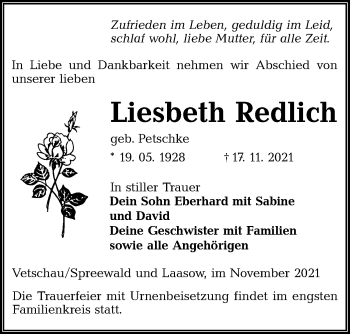 Traueranzeige von Liesbeth Redlich von lausitzer_rundschau