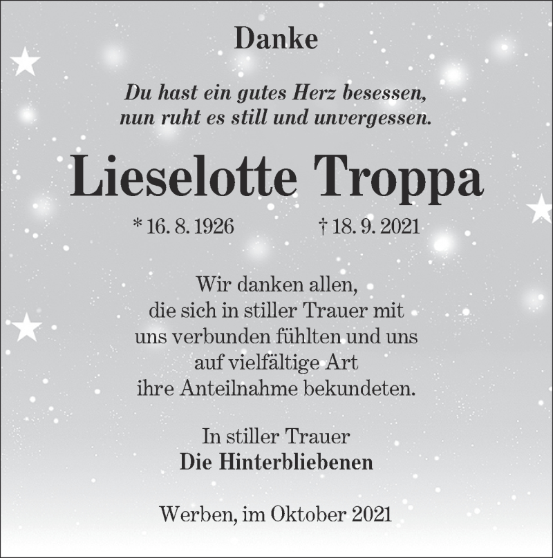 Traueranzeige für Lieselotte Troppa vom 06.11.2021 aus lausitzer_rundschau