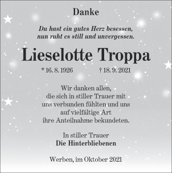 Traueranzeige von Lieselotte Troppa von lausitzer_rundschau