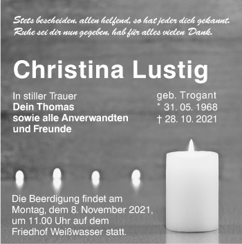 Traueranzeige von Lustig Christina von lausitzer_rundschau