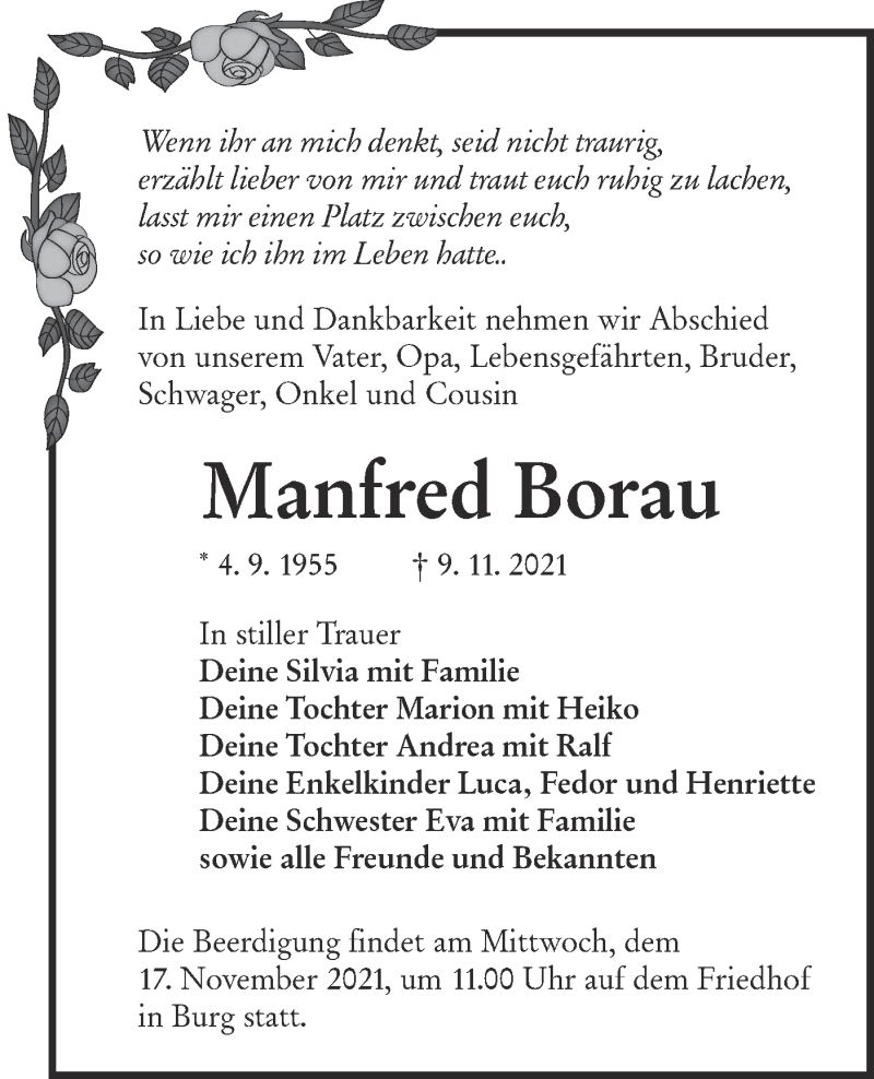  Traueranzeige für Manfred Borau vom 13.11.2021 aus lausitzer_rundschau
