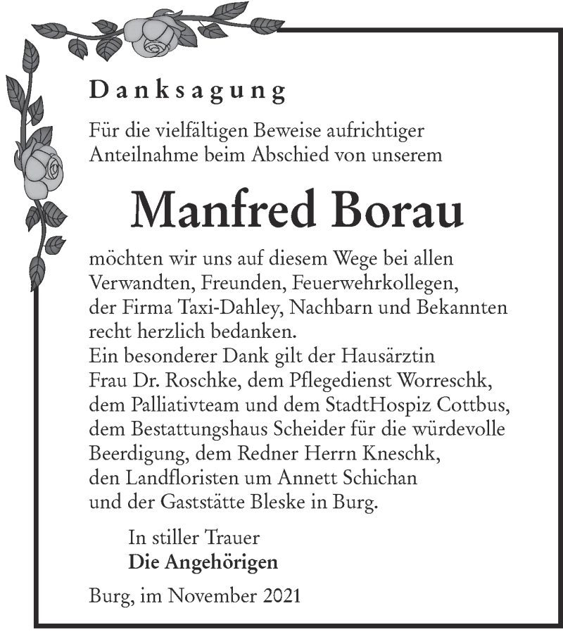  Traueranzeige für Manfred Borau vom 27.11.2021 aus lausitzer_rundschau