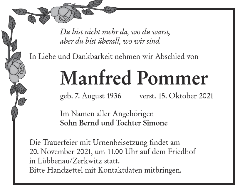  Traueranzeige für Manfred Pommer vom 13.11.2021 aus lausitzer_rundschau