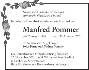 Traueranzeige von Manfred Pommer von lausitzer_rundschau